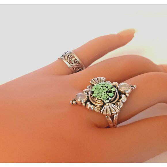 Tibetan Turquoise Moonstone Sterling Ring sz.11 (1569) - Picture 3 of 7